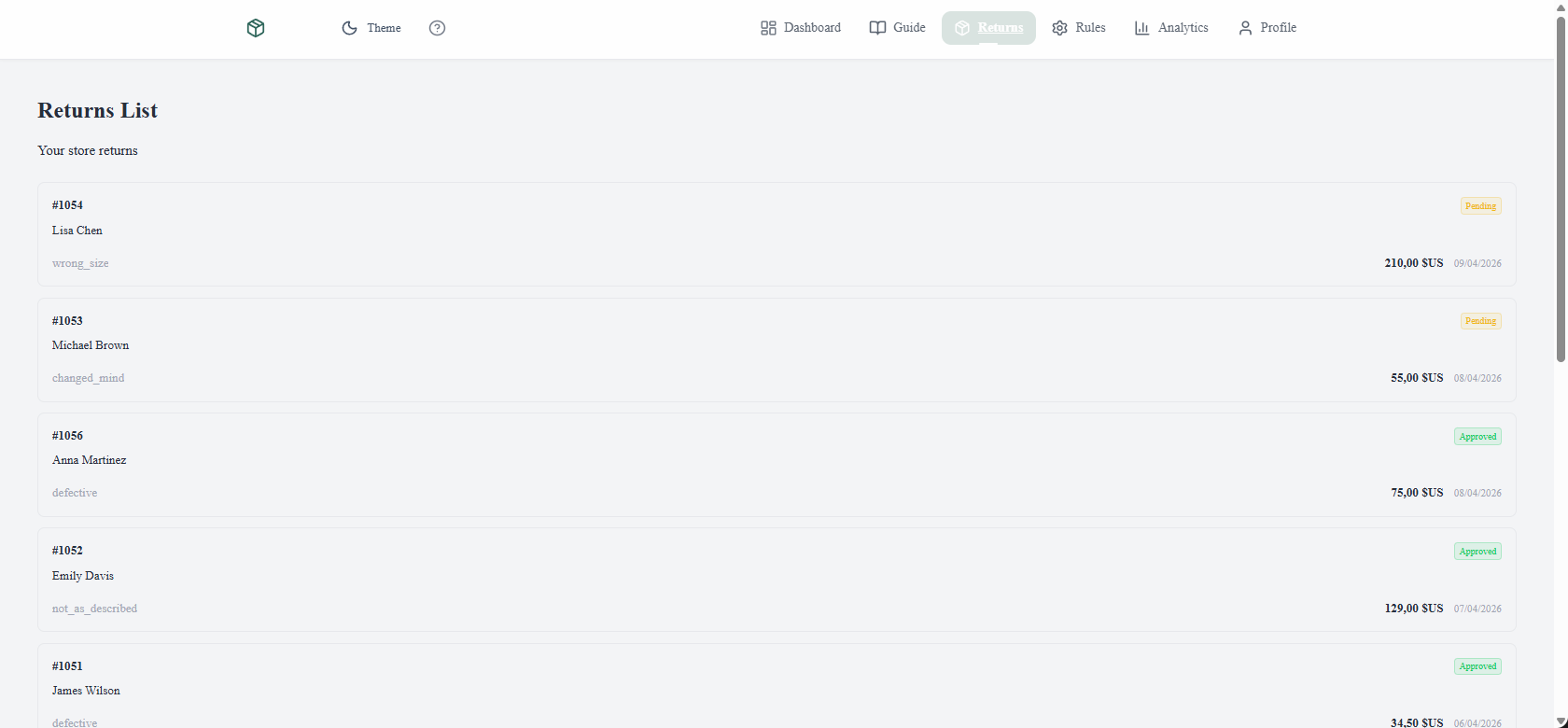 Liste des retours avec statuts